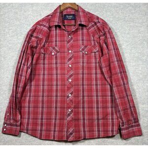 Classic Western Mens Red Plaid Shirt XXL Pearl Snap‎ Unique Square Buttons